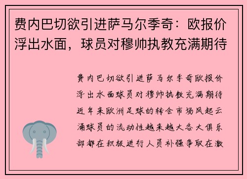 费内巴切欲引进萨马尔季奇：欧报价浮出水面，球员对穆帅执教充满期待