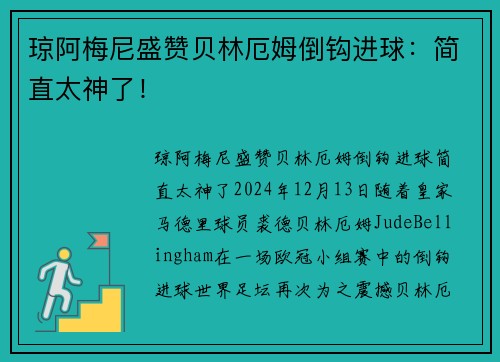 琼阿梅尼盛赞贝林厄姆倒钩进球：简直太神了！