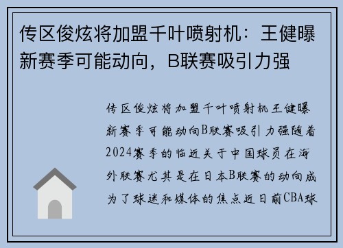 传区俊炫将加盟千叶喷射机：王健曝新赛季可能动向，B联赛吸引力强