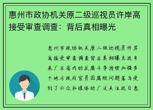 惠州市政协机关原二级巡视员许岸高接受审查调查：背后真相曝光