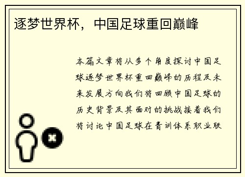 逐梦世界杯，中国足球重回巅峰