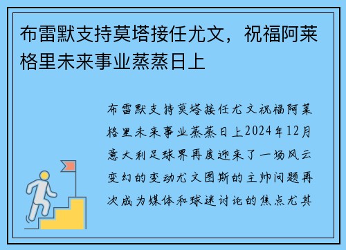 布雷默支持莫塔接任尤文，祝福阿莱格里未来事业蒸蒸日上