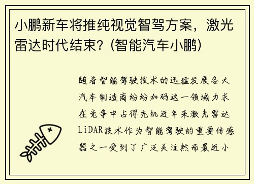 小鹏新车将推纯视觉智驾方案，激光雷达时代结束？(智能汽车小鹏)