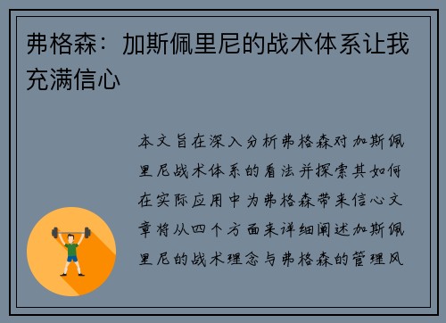 弗格森：加斯佩里尼的战术体系让我充满信心