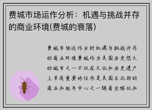 费城市场运作分析：机遇与挑战并存的商业环境(费城的衰落)